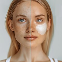  portrait of a European woman, one half of her face normal skin tone, the other half fair and brightened to showcase skincare whitening effect, background is pure white.