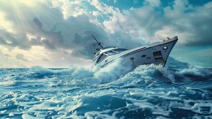 Obraz premium Fancy boat had problems while sailing in the ocean.