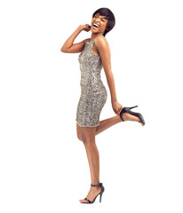 Fashion, studio and excited black woman in sequin dress for party, celebration and smile on white background. Happy, dancing and elegant girl with classy style, modern outfit or sparkle for shine