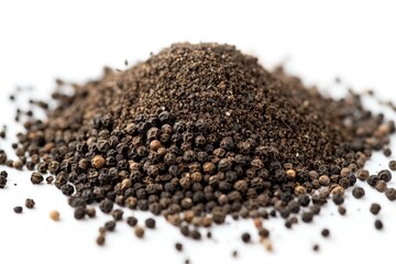 A close-up shot of black pepper seeds on a clean white surface, ideal for use in food and cooking related context
