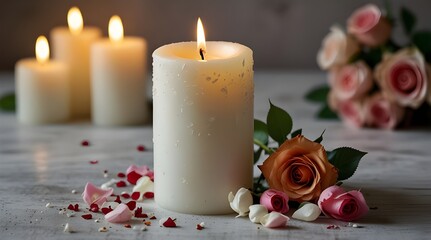 White candles with roses and flowers petals, funeral memorial, sympathy and condolences card, death notice. generative.ai