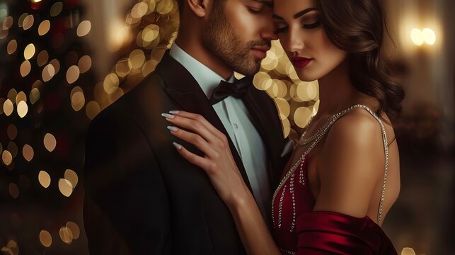 Elegant and opulent couple. Gorgeous Woman and Dashing Man. Elegant duo in a suit and evening gown. glistening backdrop