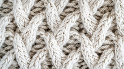 Close-up of white knit fabric with pattern. Knitted fabric with needles. The concept of warmth and comfort as the knitted fabric is soft and cozy.