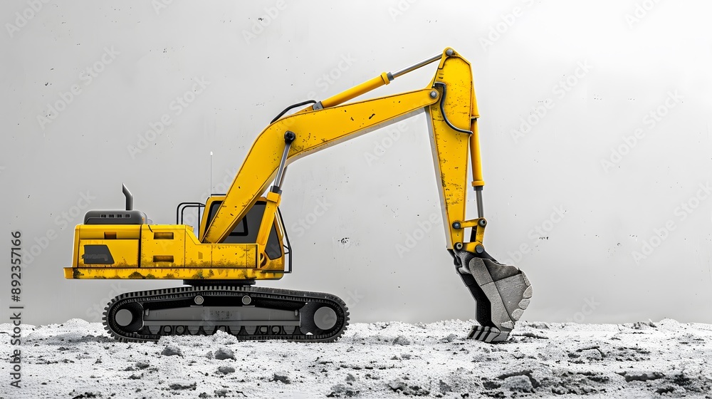 Wall mural yellow excavator at construction site on white background.