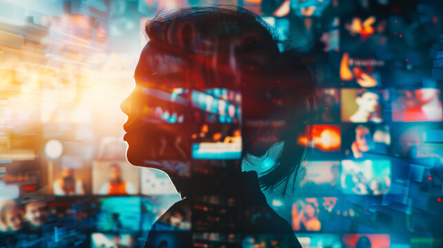 A silhouette person in front of lots of screens streaming television entertainment or news media concept