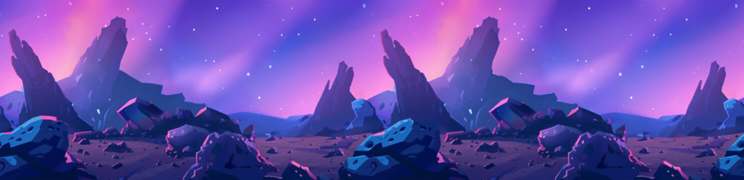 An outer space alien planet scene cartoon video game background design graphic. Seamlessly tiles or repeats horizontally.