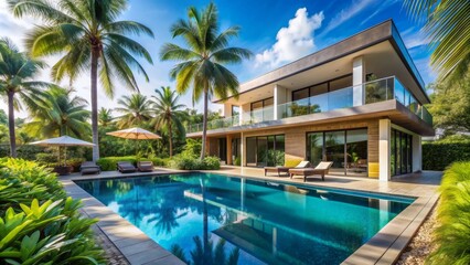 Luxurious modern villa with sparkling blue Swimming pool surrounded by lush greenery and tropical palm trees under clear blue sky.