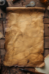 An aged parchment paper with torn edges and deep creases, a rich golden-brown hue with darkened corners and faded ink stains