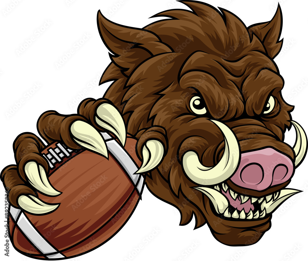 Sticker A wild boar, hog razorback warthog pig mean tough cartoon sports mascot holding an American football ball