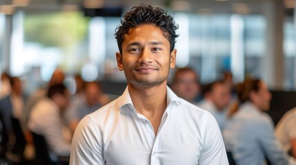 Fototapeta premium A young man smiles confidently in a bustling office setting