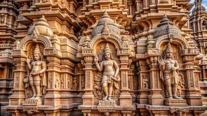 Obraz premium Intricately carved ancient stone sculptures adorn the facade of a tranquil Ayodhya temple, showcasing India's rich cultural heritage.