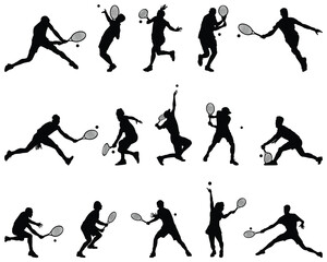 Black silhouettes of tennis players, illustration on a white background