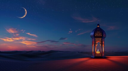 An ornamental Arabic lantern glowing with a burning candle glowing at night of an Islamic desert landscape, with stars and a crescent moon in the sky. Muslim holy month of Ramadan Kareem.