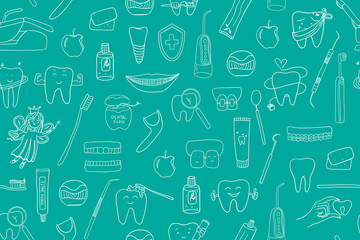 Cute seamless pattern of oral hygiene theme elements. Stomatology, toothpaste, dental floss, irrigator, dental care, teeth health, toothbrush, braces. Healthcare and medicine. Hand drawn