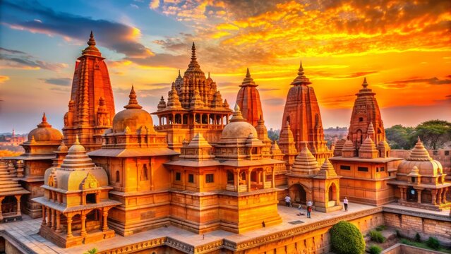 Vibrant orange hues envelop ancient Ayodhya's sacred temples and idols, resonating with devotion and triumph, amidst intricate carvings and majestic architecture.