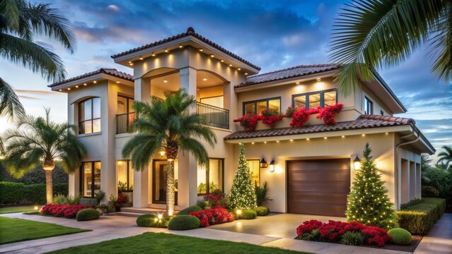 Exquisite two-story stucco residence boasts sleek flat roof, expansive windows, and festive holiday decor amidst lush tropical surroundings.