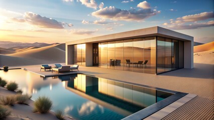 Fototapeta premium Luxurious desert oasis boasts sleek minimalist architecture, expansive windows, and stunning infinity pool seamlessly merging with vast sandy dunes.