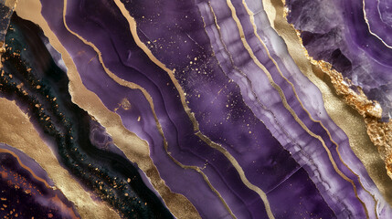 Obraz premium A purple and gold stone with a gold border. Violet marble background with gold veining.
