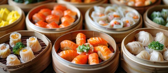 A Variety of Delicious Chinese Dumplings in Bamboo Steamers