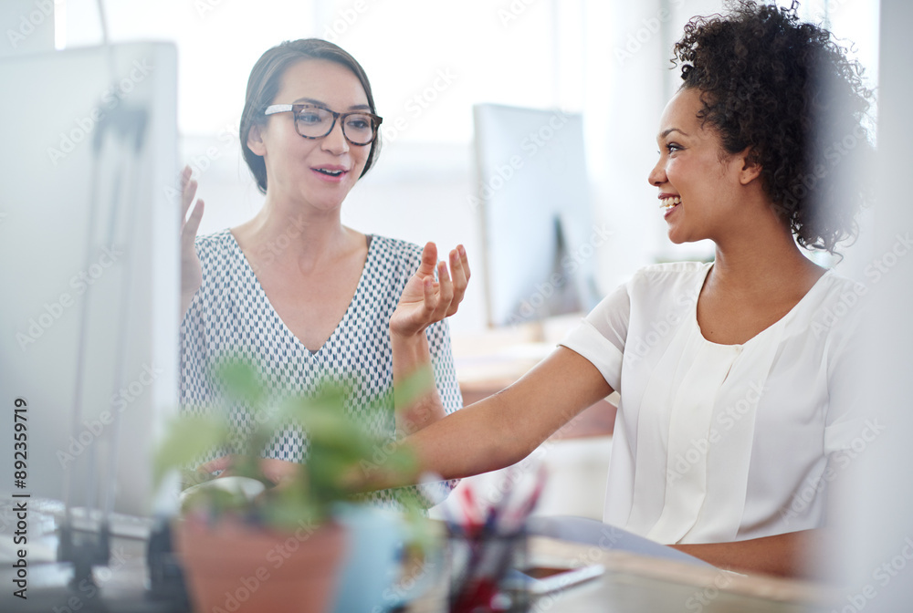 Poster women, people and happy in office on computer with conversation or discussion as graphic designer. b