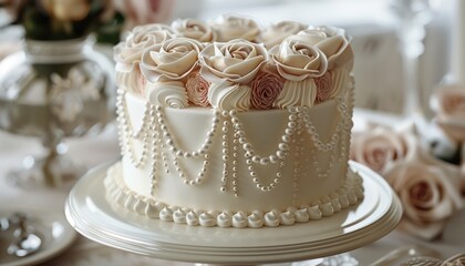 Elegant White Cake with Pearl Accents, A Delicate Symbol of Achievement and Celebration, Perfect for Special Occasions, Birthdays, Anniversaries, and More
