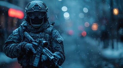 Fototapeta premium Soldier in gear stands in snowy night city holding rifle, looking ahead