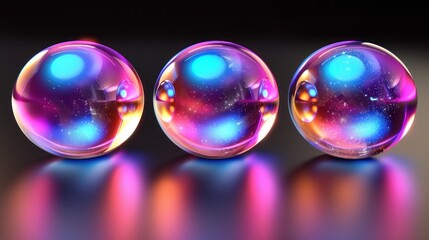 Three glass spheres shine with iridescent colors, creating abstract beauty