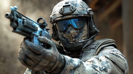 A soldier in full gear aims a weapon during intense training