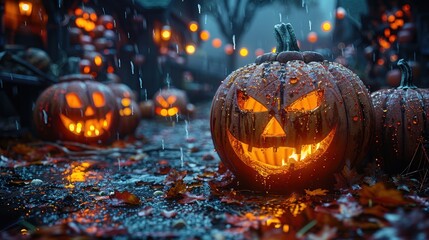 Lit jack-o'-lanterns in a spooky autumn scene with falling rain