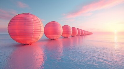 Pink lanterns float on a tranquil body of water at sunset