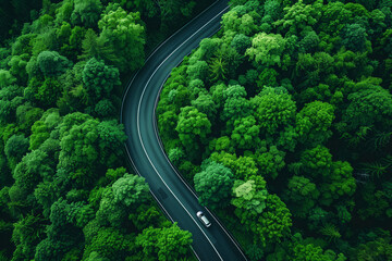 Aerial view of car driving on winding road through dense green forest. Road trip concept