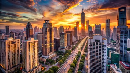 Fototapeta premium Urban cityscape at sunset with skyscrapers and busy streets devoid of humans, conveying a sense of loneliness and isolation.
