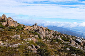 Rocks formation and Pinnacle Observation Shelter and Boardwalk, Mount Wellington, Tasmania, Hobart, Australia 