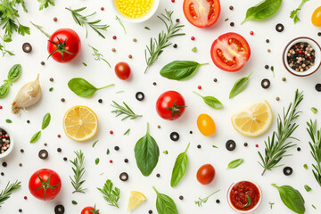 Pattern of fresh Mediterranean cuisine ingredients with fresh vegetables and herbs. Top view of traditional Mediterranean food products - tomatoes, lemons, peppers, olives and garlic