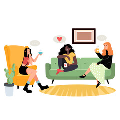 Three friends drink tea at home and talk