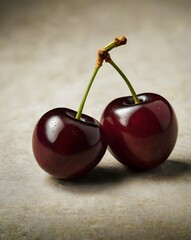 close-up of glossy dark red cherries on a table