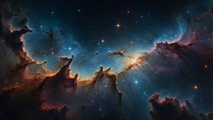 Fototapeta premium Cosmic panorama of nebulae and starfields across a deep space horizon