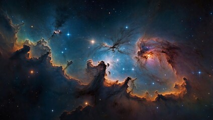 Fototapeta premium Cosmic panorama of nebulae and starfields across a deep space horizon