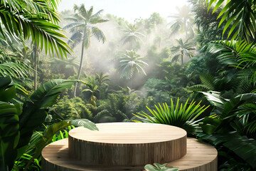 Obraz premium Wooden Podium in Tropical Forest, Nature-Inspired Scenic Display