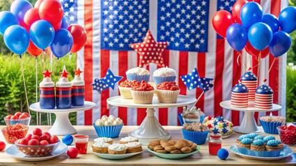 Vibrant patriotic dessert table adorned with red, white, and blue treats, balloons, and star-spangled decorations amidst festive summer backdrop.