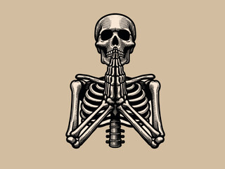 The skeleton folded his hands in prayer. begs for mercy.  Engraving vintage vector illustration, monochrome black color. Woodcut	