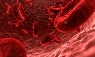 Fototapeta premium A close up of red blood cells in motion. Free copy space for text.