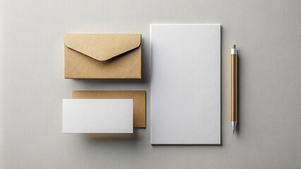 Professional corporate stationery set with business card, letterhead, and envelope mockup arranged on a white textured paper background with subtle gradient effect.