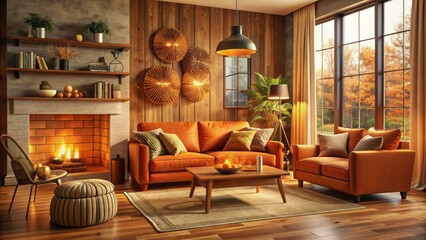 Cozy autumn-hued retro living room with plush caramel sofa, vibrant orange armchair, and rustic wooden coffee table surrounded by warm lighting.