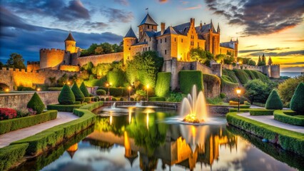 Obraz premium Majestic medieval-inspired fortress surrounded by lush greenery and tranquil water features, illuminated by soft golden evening light.