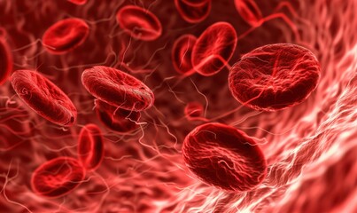Fototapeta premium A close up of red blood cells in motion. Free copy space for text.