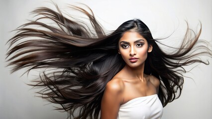 Fototapeta premium Gorgeous young Asian Indian female model's luscious dark hair flows freely in motion against a pure white background, showcasing silky strands.