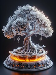 Glowing Crystal Bodhi Tree Radiating Silver Light in Serene Fantasy Landscape