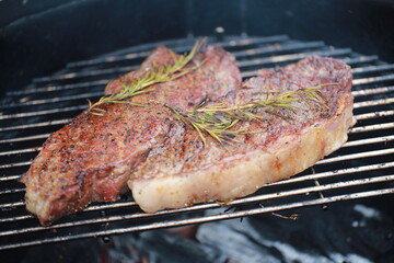 Grilled steaks topped with fresh rosemary on barbecue grill with char marks