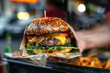A street food vendor offering freshly prepared cheeseburgers as a quick meal option.